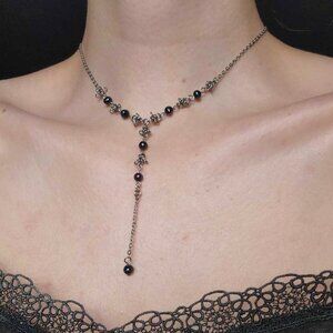 Gothic black pearl and silver rosary necklace